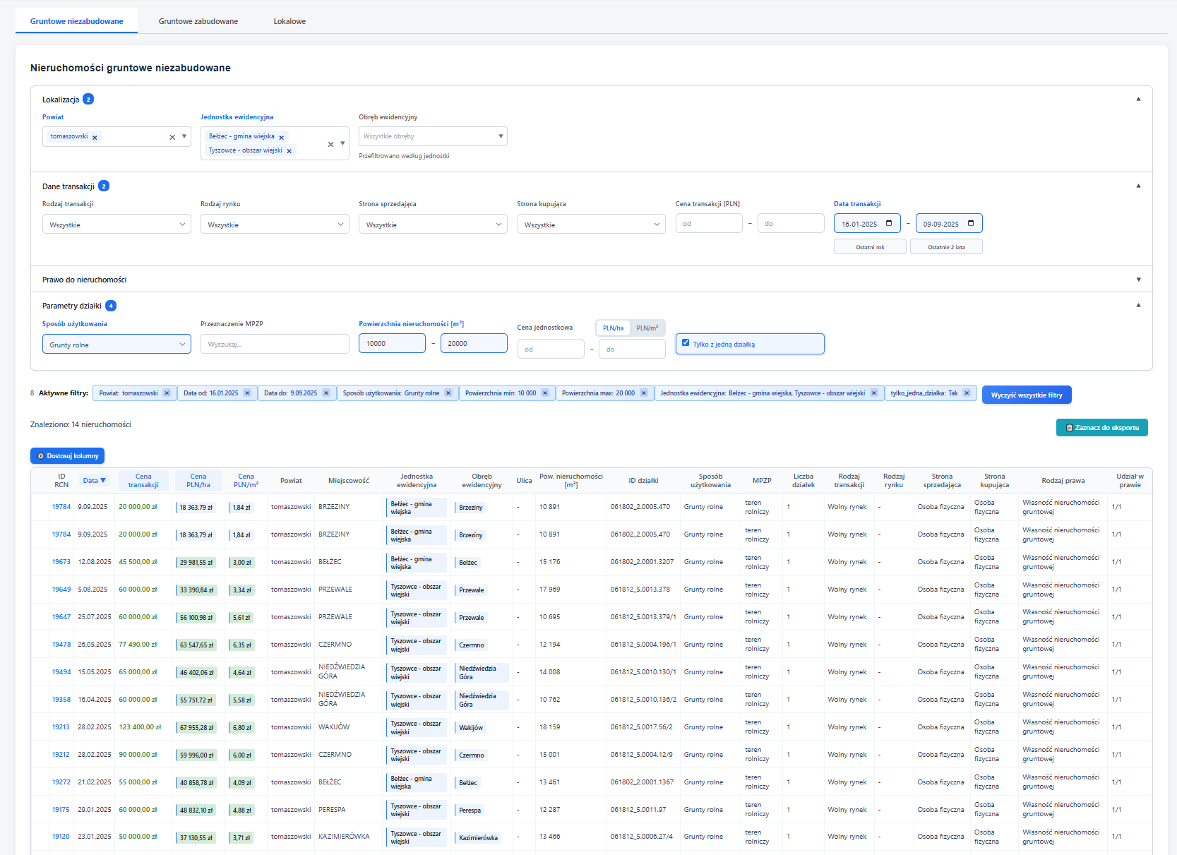Przykład tabeli wyników wyszukiwania transakcji w aplikacji Turbo RCN z filtrami lokalizacji i daty